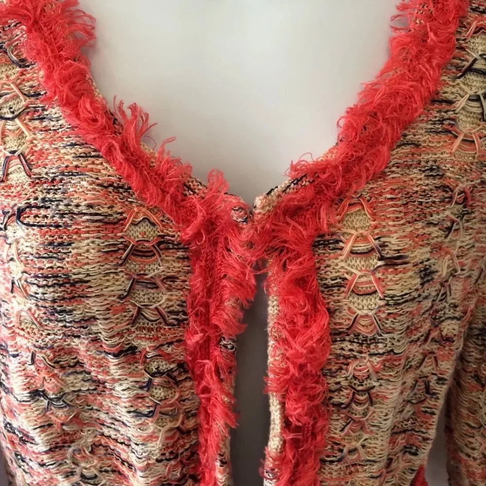 NIC & ZOE Sweater Linen Fringe Cardigan Sweater Petite Orany Red Large
